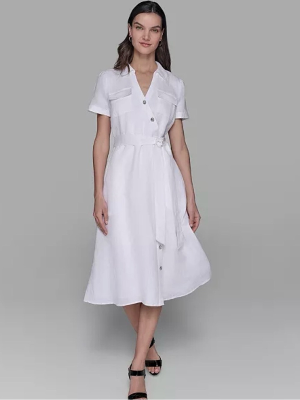 Karl Lagerfeld White linen Short-Sleeve Shirt Dress with Tie Waist